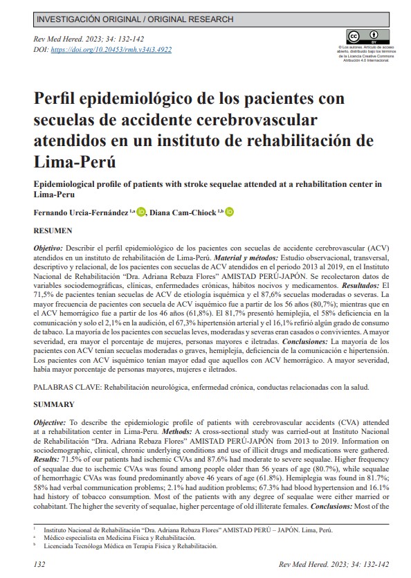 Perfil epidemiológico de los pacientes con secuelas de accidente cerebrovascular atendidos en un instituto de rehabilitación de Lima-Perú